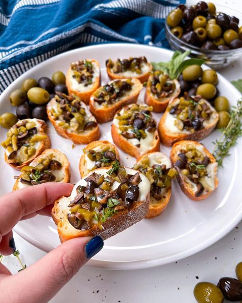 Olive Tapenade Crostini, Olive Bruschetta, Crostini Appetizers, Bruschetta Recipe, Olive Tapenade, Whipped Feta, Tapenade, Black Olive, Very Excited