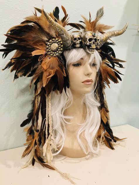 Horn Headpiece Diy, Voodoo Priestess Headdress Diy, Medicine Woman Costume, How To Make A Headdress, Feather Headpiece Diy, Voodoo Headdress, Bone Headdress, Diy Feather Headdress, Pagan Witch Costume