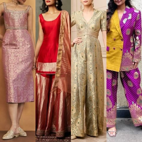 Saree To Dress Convert Designs, Western Dress From Saree Ideas, Outfits Made From Sarees, Converting Saree Into Dress, Sarees Into Dresses Convert, Gowns From Old Sarees, Saree To Suit Convert Ideas, Saree Converted To Dress Ideas, Saree Makeover Ideas