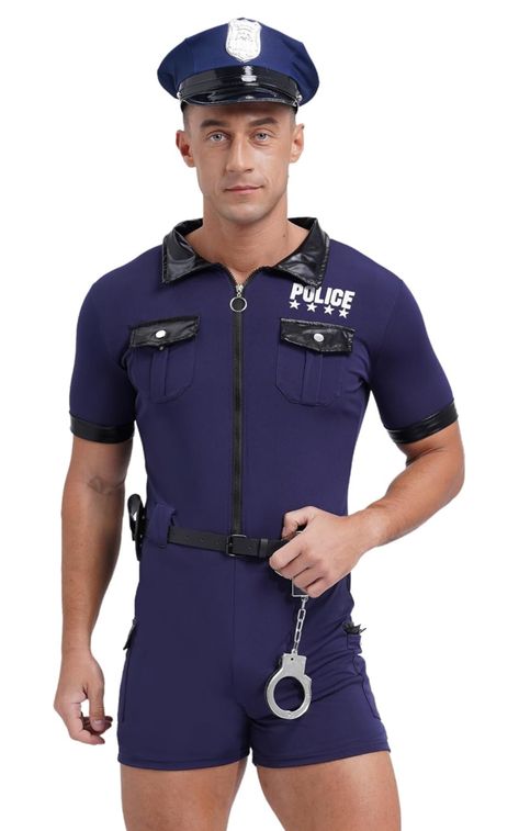 Policeman Outfit, Halloween Masquerade Costume, Jumpsuit Designs, Policeman Costume, Short Sleeve Jumpsuit, Costume Ball, Halloween Masquerade, Designer Jumpsuits, Short Sleeve Jumpsuits