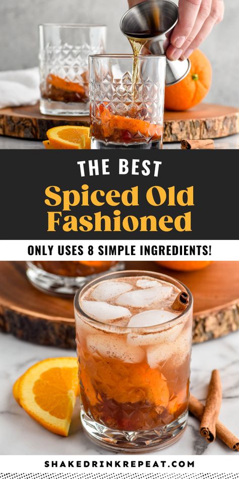 This fall spiced old fashioned features bourbon, bitters, nutmeg, and cinnamon, creating a cozy and sophisticated fall drink perfect for those chilly nights. Fall Whiskey Cocktails, Spiced Old Fashioned, Old Fashion Drink Recipe, Bourbon Drinks Recipes, Whiskey Drinks Recipes, Bourbon Recipes, Old Fashioned Drink, Fall Cocktails Recipes, Fall Drink