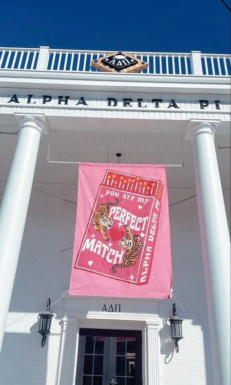 The Perfect Match Bid Day, Perfect Match Bid Day Theme, Alpha Delta Pi Bid Day, Perfect Match Big Little Reveal, Sorority Banner Ideas Work Week, Perfect Match Bid Day, Big Little Banner, Sorority Recruitment Banners, Sorority Banner Ideas