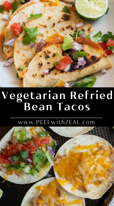 Satisfying and suitable for vegetarians, these bean and cheese tacos offer the simplest way to enjoy Tex-Mex cuisine. Just season some refried beans, shred some cheese, and fill up those tortilla shells. Dinner will be ready in a matter of minutes! Bean And Cheese Tacos, Refried Bean Tacos, Soft Shell Tacos, Mexican Food Recipes Appetizers, Warm Appetizers, Refried Bean, Tortilla Shells, Cheese Tacos, Bean Tacos