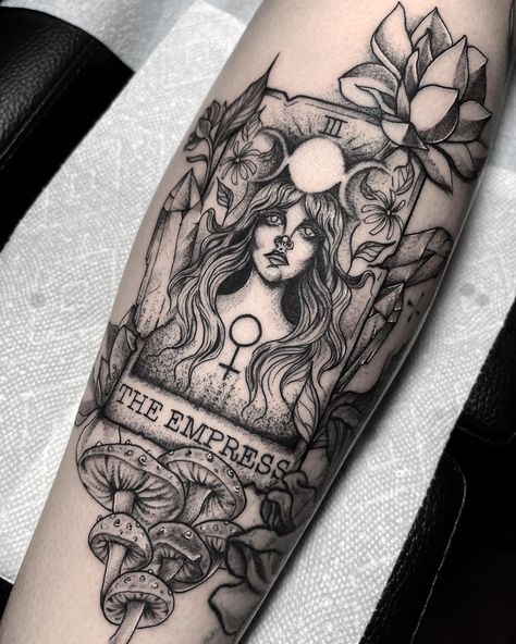 Tattoo mushrooms tarot card lgbtq feminine minimalist leg sleeve fairies witch Tarot Card Tattoo The Hermit, Tarot Empress Tattoo, Sara J Maas Tattoos, The Empress Tarot Card Tattoo, The Empress Tattoo, Witchy Tattoo Sleeve, High Priestess Tarot Tattoo, Empress Tarot Card Tattoo, Funny Best Friend Tattoos