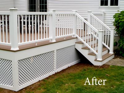 Enduring Charm LLC Deck Refresh White Painted Deck, Deck Lattice, Under Deck Landscaping, Deck Refresh, Lattice Deck, Painted Deck, Front Porch Remodel, Deck Landscaping, Deck Skirting