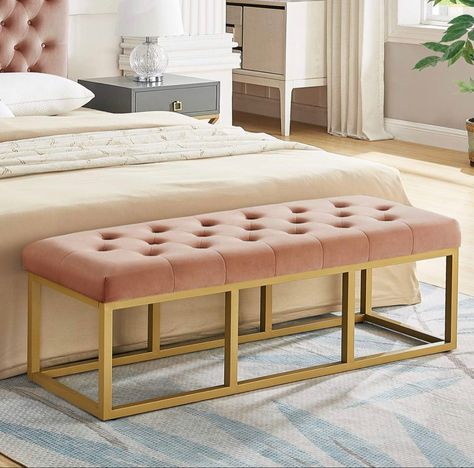 Durable golden iron frame legs and foam padded cushion for long lasting comfort. Bench End Of Bed, Bedroom Ottoman, Bed Stool, Glamour Decor, Storage Benches, Velvet Bench, Long Bench, Tufted Bench, End Of Bed Bench