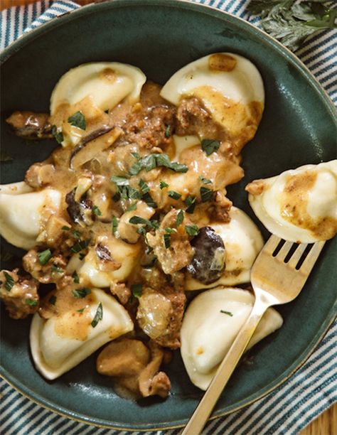 Beef Stroganoff - Mrs. T's Pierogies Perogies With Ground Beef, Perogie And Ground Beef Casserole, Perogies And Ground Beef, Dinner With Perogies, Beef And Perogies, Ground Beef And Pierogies Recipes, Ground Beef And Perogies, Perogie Dinner Ideas Dishes, Mrs T Pierogies Recipes