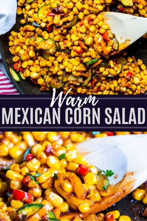 This Warm Mexican Corn Salad recipe is ready quickly in under 30 minutes and simple to make. This warm salad recipe features frozen corn, bell peppers, jalapeno, and zucchini. This corn and pepper salad is versatile and can be served on its own as a side dish or added to tacos, burritos, nachos or in a quesadilla. Corn Pepper Salad, Corn Bell Pepper Side Dish, Side Dishes With Bell Peppers, Nacho Side Dishes, Warm Corn Side Dish, Warm Corn Salad, Burrito Sides, Side Dishes For Quesadillas, Quesadilla Side Dish