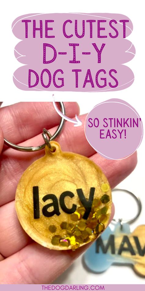 This DIY dog tag tutorial is so easy and fun to do. It involves no resin, just liquid clay! DIY dog projects are so fun and this one will be your new favorite. How To Make Dog Tags, Dog Collar Decorations, Dog Craft Ideas To Sell, Diy Stuffed Animal Collar, Diy Dog Collar Charms, Things To Make For Dogs To Sell, Diy Dog Tags Pets, Arts And Crafts To Do With Your Dog, Diy Pet Accessories To Sell