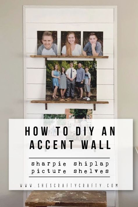 How to DIY an Accent Wall with sharpie shiplap and picture ledges Sharpie Shiplap, Shiplap Paneling, Picture Ledges, Picture Ledge Shelf, Sharpie Paint Pens, Diy Furniture Flip, Shiplap Wall, Shiplap Accent Wall, Diy Sharpie