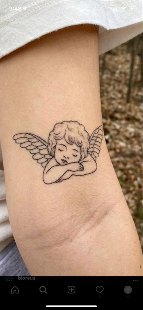 Cute Angel Tattoo, Unique Minimalist Tattoo, Cherub Tattoo Designs, Angle Tattoo, Cupid Tattoo, Cherub Tattoo, Cute Tattoos For Women, Discreet Tattoos, Dainty Tattoos