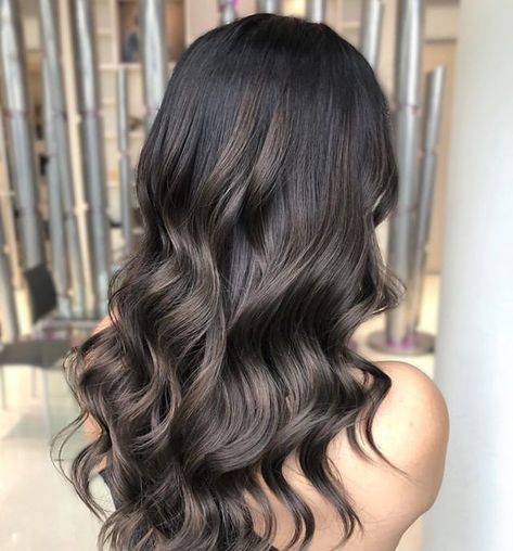 Ash Brown On Black Hair Balayage, Dark Brown With Mushroom Brown Balayage, Black With Ash Brown Highlights, Black And Ash Brown Balayage, Dark Mushroom Brown Balayage, Ash Brown Balayage Black Hair, Ash Brown Balayage Dark Asian, Black Hair Mushroom Balayage, Black To Ash Brown Balayage