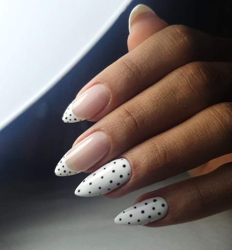 Almond Polka Dot Nails, French Nails Sharp Almond, White With Black Dots Nails, Polka Dot French Tip Nails Almond, French With Polka Dots, Almond Nails Polka Dots, Pokadot Nails French Tip, Dotted French Nails, Pika Dot Nails