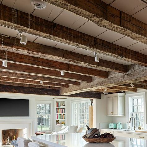 E.C.Trethewey Building Contractors on Instagram: "A newly finished project has finally graced the front of the camera! 😍 The exposed beams and simple light colors really create a cozy feel in this kitchen.  #teamtrethewey #ectbuilders #recentwork #malvern #historichome #renovation" Kitchen Lighting With Beams, Exposed Ceiling Joists Kitchen, Exposed Beam Lighting, Exposed Beam Kitchen, Exposed Beams In Kitchen, Southwestern Style Kitchen, Lofted Ceiling, Low Ceiling Kitchen, Beam In Kitchen