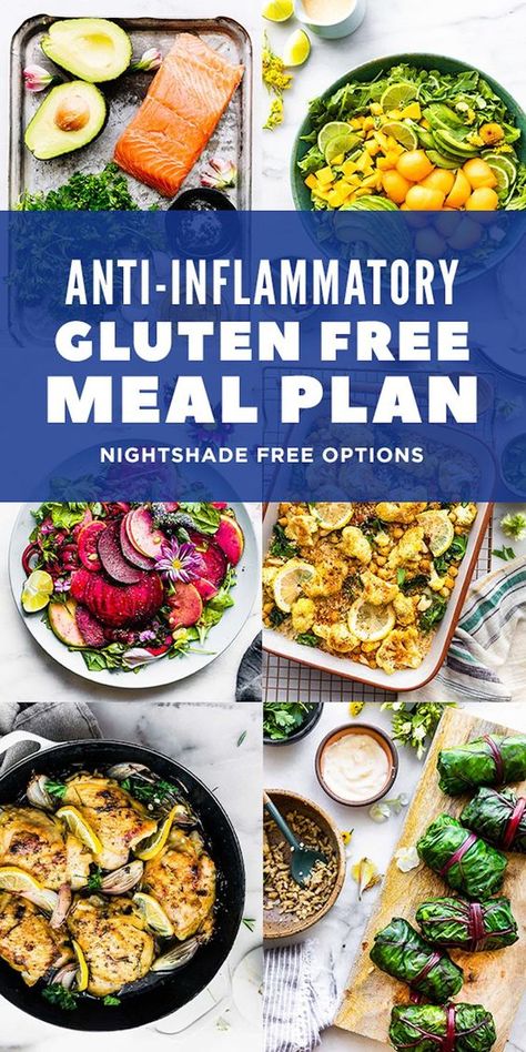 Anti-inflammatory Gluten-Free Meal Plan {Nightshade free option} Whole Foods Gluten Free Recipes, Antiinflammatory Keto Recipes, Anti Inflammation Meals For Beginners, Anti Inflammation Gluten Free Recipes, Amit Inflammatory Meals, Gluten Free Low Inflammatory Recipes, Anti Bloat Meal Prep, Antiinflammatory Lunchbox Recipes, Gluten And Nightshade Free Recipes