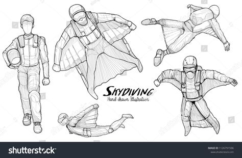 Hand drawn of Skydiving wing suit. vector illustration. #Ad , #AFFILIATE, #Skydiving#drawn#Hand#wing Skydiving Poses Drawing, Skydiving Reference, Skydiving Drawing Reference, Skydive Drawing, Drawing Reference Sketch, Pilot Character, Wing Suit, Pose Drawing Reference, Hang Gliding