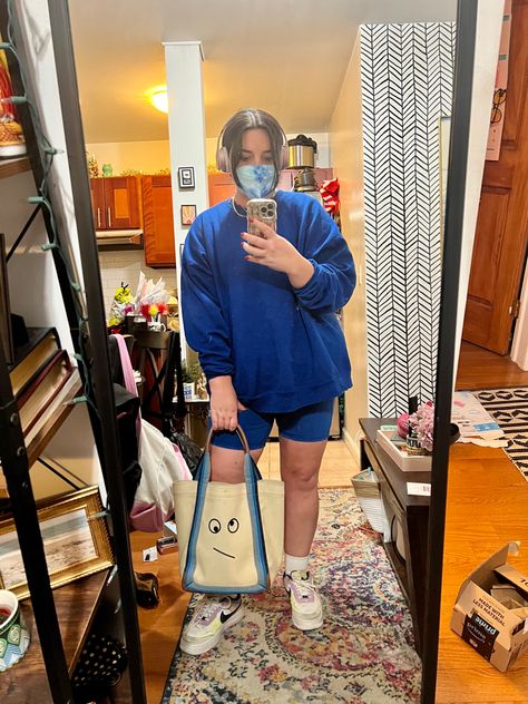 Bike shorts and a matching crewneck sweatshirt paired with nike air force ones and a fun tote with a silly face on it. Matching Crewneck, Silly Face, Blue Inspiration, Comfy Outfit, Silly Faces, Nike Air Force Ones, Air Force Ones, Summer 2023, Bike Shorts