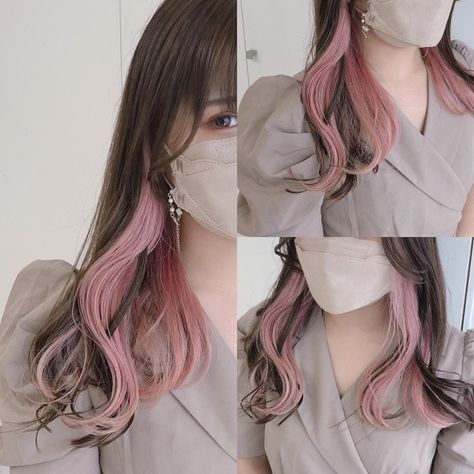 Dusty Rose Peekaboo Hair, Ash Brown Hair With Pink Highlights, Light Pink And Dark Brown Hair, Cute Pink Hair Dye Ideas, Peak A Boo Pink Hair Color, Cherry Blossom Pink Hair, Pink Dye On Brown Hair, Cherry Blossom Hair Color, Pink Blonde Brown Hair