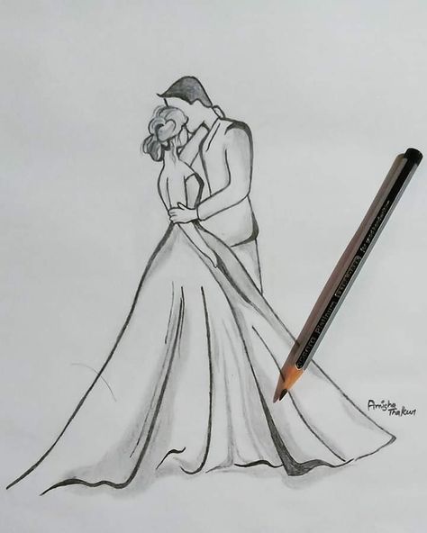 Wedding Sketch Couple Drawing, Couple Pencil Art, Wedding Sketch Couple, Couple Dancing Drawing, Dancing Drawing, Pencil Sketches Easy, Wedding Pen, Wedding Drawing, Disney Drawings Sketches