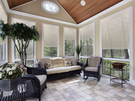 5 Ways to Cover Windows in a Sunroom | Norman USA 3 Season Room Window Treatments, Blinds In Sunroom, Window Treatments Sunroom, Window Coverings For Sunroom, Shades For Sunroom Windows, Sunroom Window Coverings, Sunroom Blinds Ideas, Blinds For Sunroom, Window Treatments For Sunroom