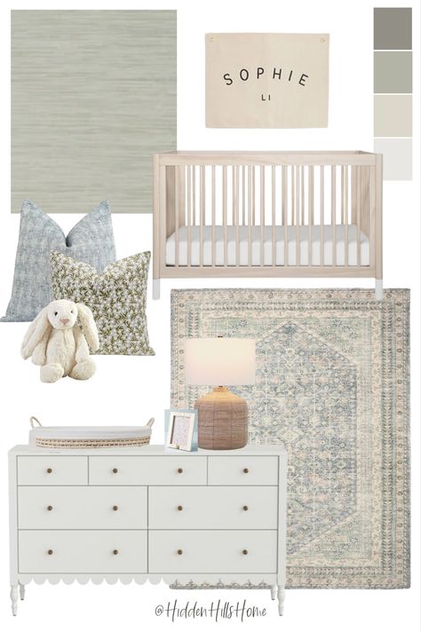 Nursery mood board for baby girl with blue and green color palette Green Nursery Girl, Blue Nursery Girl, Green Nursery Boy, Organization Nursery, Baby Nursery Inspiration, Baby Room Neutral, Nursery Room Design, Baby Room Inspiration, Nursery Decor Neutral