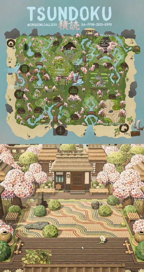 Zen Acnh, Acnh Zen Path Design, Acnh Zen Garden, Cottagecore Animal Crossing, Japanese Town, Village Map, River Mouth, Japanese Animals, Japanese Village