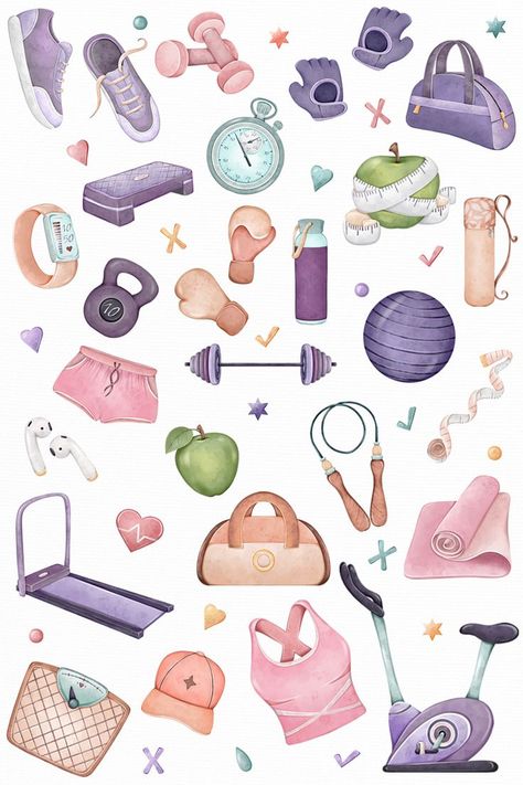 Workout Clipart, Gym Clipart, Fitness Clipart, Boss Lady Planner, Fitness Backgrounds, Gym Materials, Fitness Icon, Fitness Art, Illustration Quotes