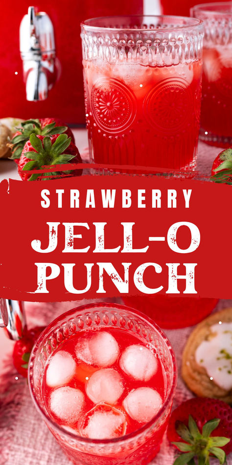 collage of a glass of strawberry jello punch with ice Drinks For Wedding Non Alcoholic, Drinks Without Red Dye 40, Summer Party Drinks Alcohol, Jello Punch Recipes, 4th Of July Non Alcoholic Punch, Kool Aid Punch Recipes, Raspberry Themed Party, Red Alcoholic Drinks Parties, Summer Non Alcoholic Punch