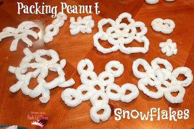 packing peanut snowflake creations - let children's imagination be their guide in building - the possibilities are endless Packing Peanuts Crafts, Peanut Crafts, Preschool Sensory Activities, Preschool Winter Activities, Story Time Crafts, Preschool Art Ideas, Toddler Preschool Activities, Crafts Snowman, Library Christmas