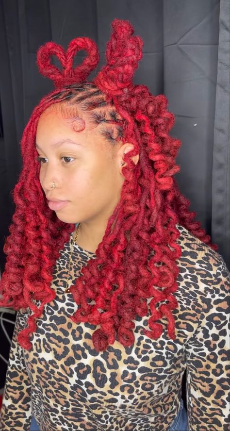 Heart Locs Style, Heart Style With Locs, Loc Heart Hairstyles, Heart Shaped Loc Styles, Valentines Day Loc Styles, Pink And Red Locs Black Women, Dreads Heads, Red Locs, Hair Stripes