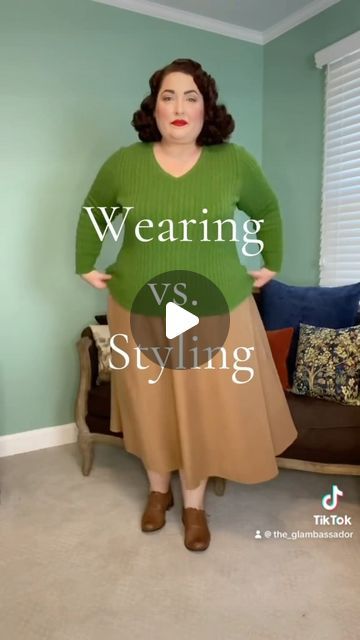 Christine on Instagram: "Wearing vs. Styling. Learning how to style your outfits can take a little time and effort. But it’s well worth it when you get to a point where you can truly show your personality through your clothes and just be comfortably YOU. #wearingversusstyling #vintagestyling #plussizevintage #vintagestyle #onthisday" Dressing Vintage Style, Jumper Over Dress Outfit, Wearing Vs Styling Clothes, Wearing Vs Styling, Wearing Vs Styling Outfits, Nanny Outfit, Rustic Outfits, Plus Size Vintage, Vintage Clothes