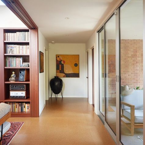 Central Hall, Sliding Pocket Doors, Modern Style Homes, Cork Flooring, Doors And Hardware, Mid Century Modern House, Flooring Options, Mid Century House, Maine House