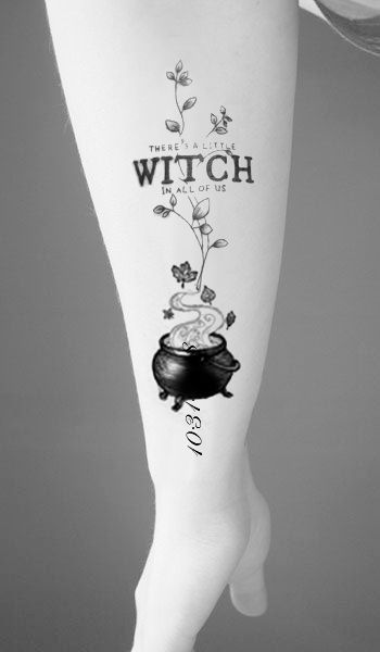 Midnight Margaritas Tattoo, Witch Themed Tattoos, Witchy Arm Tattoo, Cute Witch Tattoo, Silver Springs Tattoo, Witch Tattoo Design, Witch Hat Tattoo, Witch Tattoos, Witchcraft Tattoos