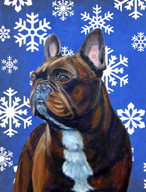 French Bulldog Winter Snowflakes Holiday Flag Canvas House Size French Bulldog Brown, Frenchie Art, Bulldog Artwork, Garden Flag Stand, Winter Snowflakes, Flag Stand, Flag Decor, French Bulldogs, House Flags