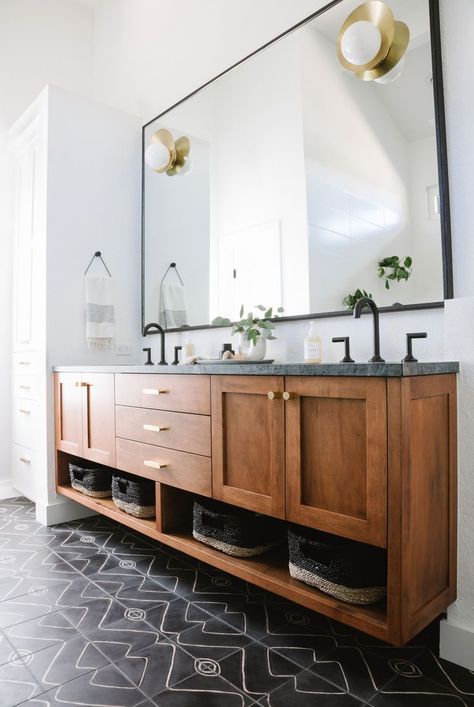 scandinavian style bathroom with patterned floors and natural wood cabinets. #bathroomideas #bathroominspiration #bathroomgoals #bathroomdesign #scandinavianbathroom Cement Tile Floor, Black Floor Tiles, Wood Bathroom Vanity, Bad Inspiration, Mirror On The Wall, Black Floor, Wood Bathroom, Cool Ideas, Bath Remodel