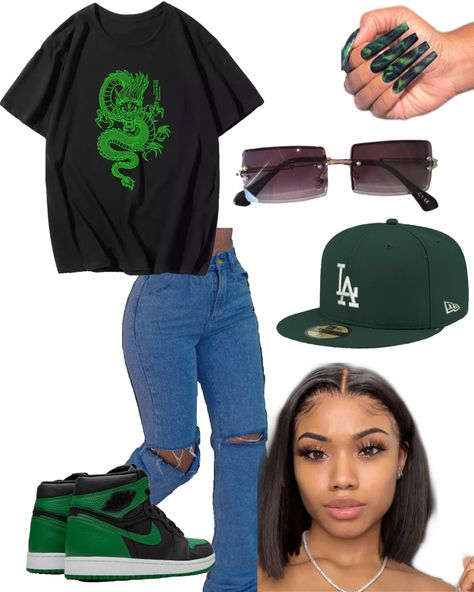 Green And Black Sneakers Outfit, Lucky Green Jordan 1 Outfit Women, Green Jordan 1 Outfit Women, Green Outfit Ideas Black Women, Jordan Low 1 Outfit Women, Green Baddie Outfits, Pine Green 3s Outfits, Jordan Low 1 Outfit, Lucky Green Jordan 1 Outfit