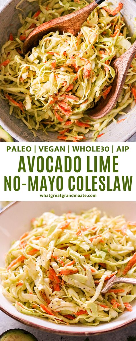 Want to enjoy the crisp taste of cabbage without the mayo? Try this flavorful 10-minute Whole30 and vegan Avocado Lime No Mayo Coleslaw that tastes creamy and crunchy, and it's the perfect side dish to eat with your favorite foods. #paleo #whole30 #lowcarb #keto #coleslaw #eggfree #aip #autoimmuneprotocol #healthy Paleo Side Dish Recipes, Paleo Veggies, Paleo Slaw, Whole30 Side Dishes, Dairy Free Slaw, Whole 30 Cabbage Recipes, Paleo Summer Side Dishes, Avocado Coleslaw, Whole30 Sides