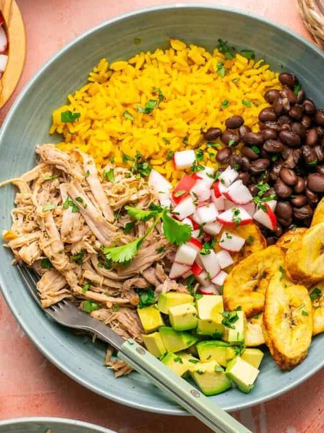 These Cuban Pulled Pork Bowls are THE definition of easy meal prep! Packed with classic cuban flavors including the most TENDER pork, flavorful rice, black beans, and air fried plantains. Mojo Pork Rice Bowl, Cuban Pork Bowl Recipe, Cuban Bowl Recipe, Mojo Pork Side Dishes, Cuban Pork Crockpot, Cuban Pork Loin, Cuban Rice Bowl, Cuban Bowl, Pulled Pork Bowls