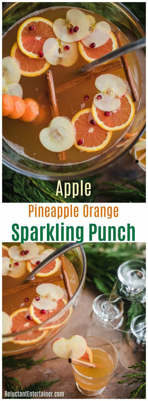 Apple Pineapple Orange Sparkling Punch Recipe Holiday Punch Non Alcoholic, Punch Non Alcoholic, Sparkling Punch, Holiday Entertaining Food, Alcoholic Punch Recipes, Drink Stations, Alcoholic Punch, Drinks Party, Punch Drinks