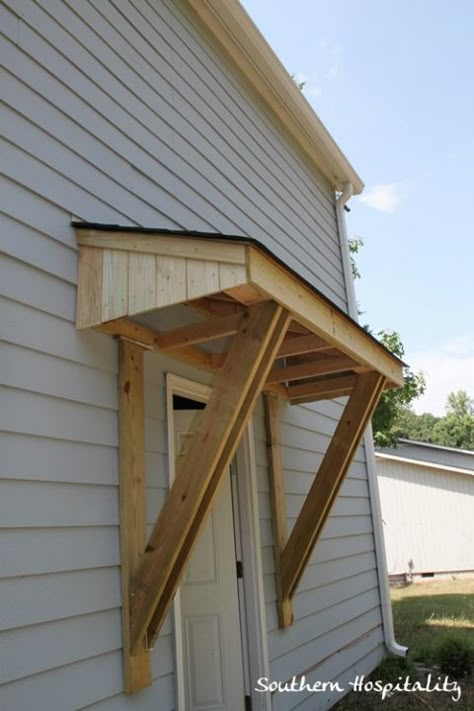 painting wood paneling.... unfortunately we might need this, as most places i have found come with that awful wood paneling! lol Outside Door Covering Ideas, Awning Over Door, Door Overhang, House Awnings, Side Entrance, Canopy Bedroom, Porch Roof, Door Awnings, Door Canopy