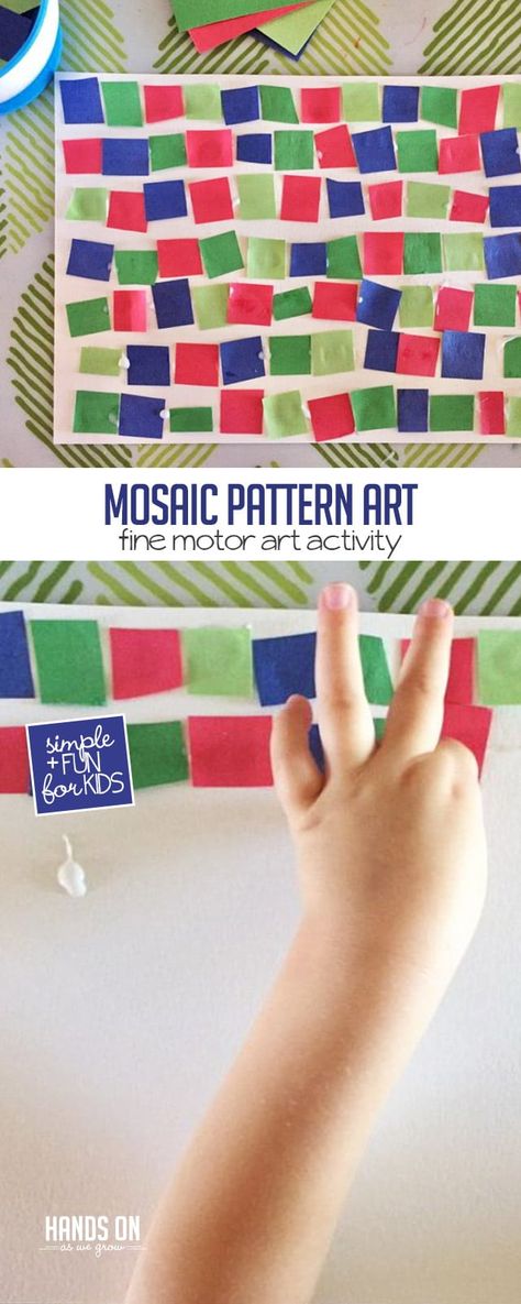 This simple mosaic pattern art idea combines fine motor skills and math fun for preschoolers and toddlers! via @handsonaswegrow Simple Mosaic, Patterning Kindergarten, Preschool Patterns, Math Patterns, Fine Motor Activities For Kids, Pattern Activities, Preschool Fine Motor, Group Ideas, Easy Art Projects