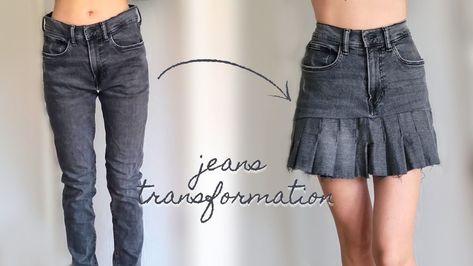 jeans upcycle: DIY pleated skirt Y2K inspired Refashion Jeans To Skirt, Denim Pants Into Skirt, Long Skirt Upcycle, Jean Skirt Made Out Of Old Jeans, Sewing With Old Jeans, Denim Skirt Out Of Old Jeans, Denim Pants To Skirt, Jeans Skirt Pattern, Skirt Made From Old Jeans