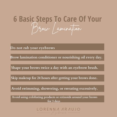 Aftercare Brow Lamination, Brow Care Beauty Tips, What Is Eyebrow Lamination, How To Do Brow Lamination, Brow Lamination After Care Instructions, Eyebrow Post For Instagram, Pmu Instagram Content, Eyebrow Lamination Aftercare, Brow Lamination Business