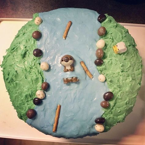 Otter Cakes Birthday, Otter Cake Ideas, Sea Otter Cake, Otter Themed Birthday Party, River Cupcakes, Otter Cupcakes, Otter Birthday Cake, Otter Birthday Party, River Cake