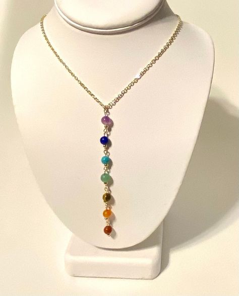 Excited to share this item from my #etsy shop: Chakra Necklace - 7 Chakra Gemstone Pendant on 18k Gold Plated Stainless Steel Necklace - Yoga Necklace Gemstone Lariat Necklace, Yoga Necklace, Chakra Beads, Chakra Pendant, Necklace Ideas, Chakra Necklace, Bracelets Diy, Chakra Jewelry, 7 Chakra