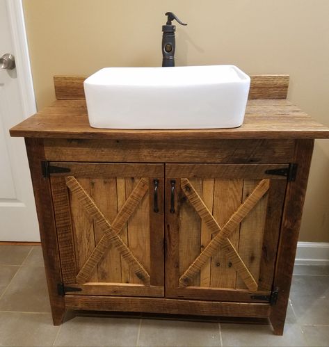 Primitive Vanity, Vanity With Vessel Sink, Barn Wood Cabinets, Farm Style Sink, Island Makeover, Reclaimed Wood Vanity, Farmhouse Bathroom Sink, Industrial Vanity, Barn Tin