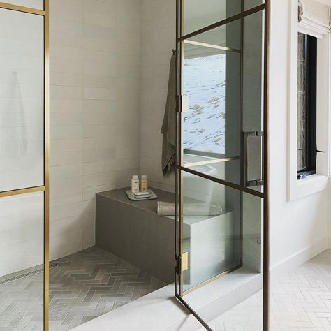 Raili Clasen on Instagram: “Custom aged-brass shower door cutie that one of these decades will be properly photographed. Our #yellowstoneclub project is 99.9% complete…” Brass Shower Enclosure, Gold Shower Door, Brass Shower Door, Raili Clasen, Yellowstone Club, Framed Shower Door, Loft Bathroom, Shower Glass, Reeded Glass