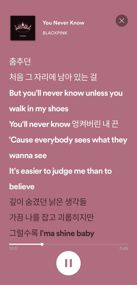 But you'll never know unless you walk in my shoes You'll never know 엉켜버린 내 끈 'Cause everybody sees what they wanna see It's easier to judge me than to believe You Never Know Blackpink, You Never Know Lyrics, Shoes Quotes, Blackpink Poster, Believe Quotes, Unusual Words, Walk In My Shoes, Doing Me Quotes, Lyrics Aesthetic