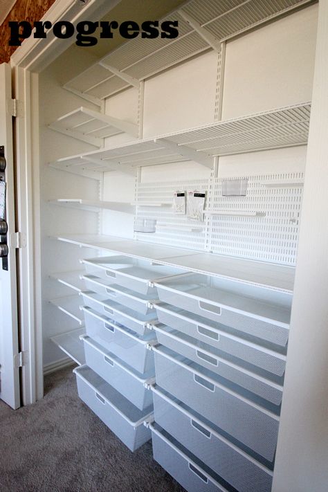 {Office/Craft Closet} Elfa Installed! Craft Closet Ideas, Elfa Office, Craft Room Closet, Craft Closet Organization, Studio Storage, Ikea Crafts, Craft Closet, Hi Sugarplum, Dream Craft Room