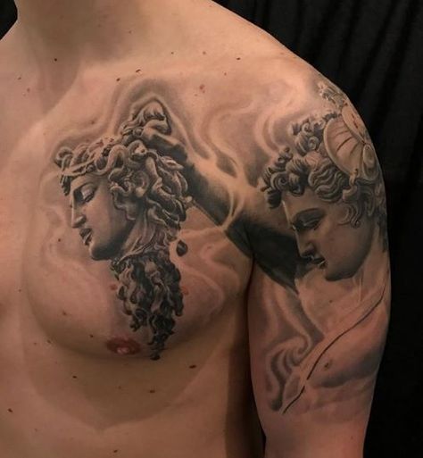 Perseus Chest Tattoo, Greek Tattoos Chest, Greek Shoulder Tattoo Men, Statue Chest Tattoo, Theseus Tattoo, Greek Mythology Tattoos Chest, Greek Mythology Chest Tattoo, Greek Shoulder Tattoo, Greek Mythology Back Tattoo